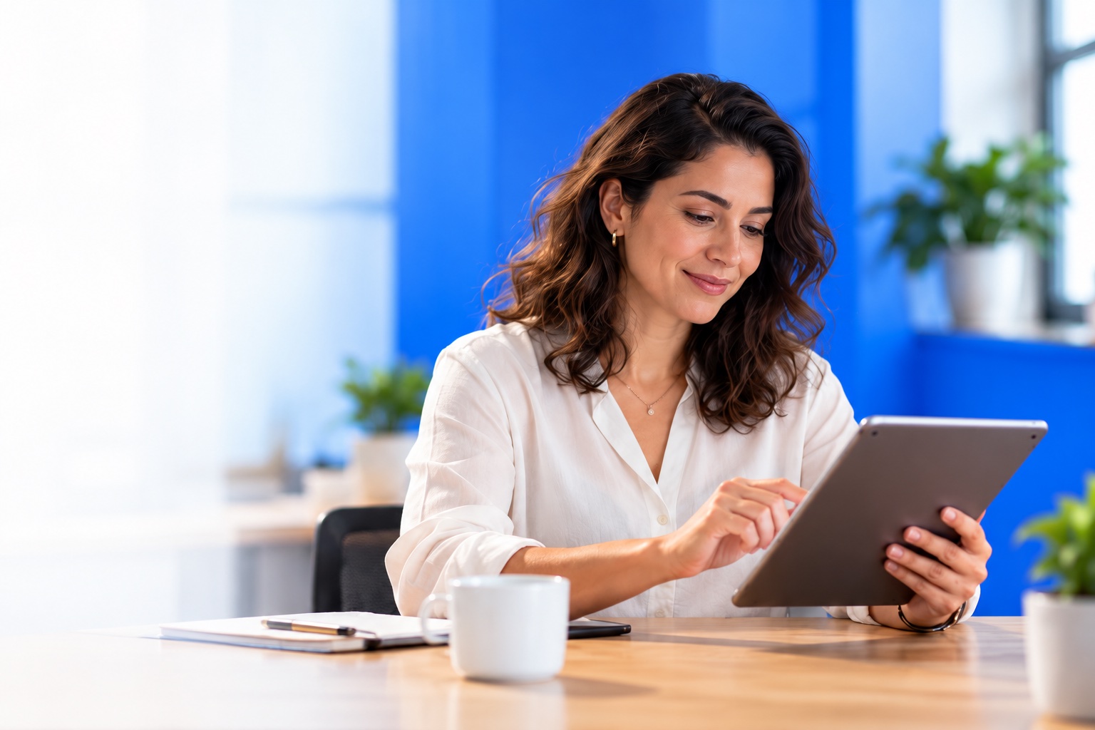 Empresária usando um tablet em seu espaço de trabalho